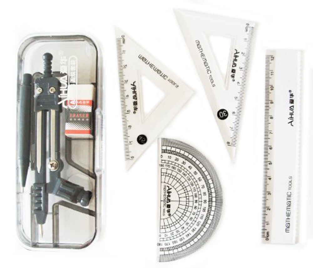 Study compass and geometry kit displayed in shatterproof box.