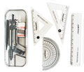 Study compass and geometry kit displayed in shatterproof box.