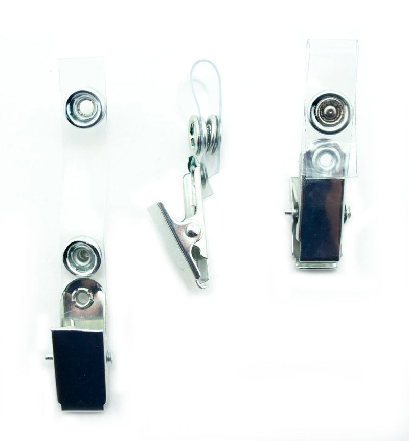 Metal badge clip with clear vinyl strap for ID cards.
