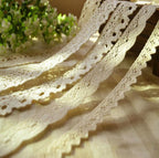 White cotton lace trim, 15mm wide on a spool.