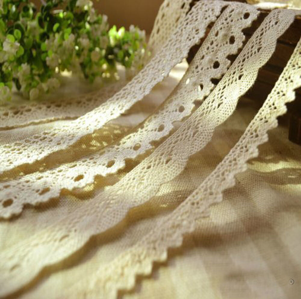 White cotton lace trim, 15mm wide on a spool.