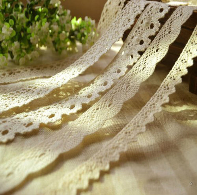 White cotton lace trim, 15mm wide on a spool.