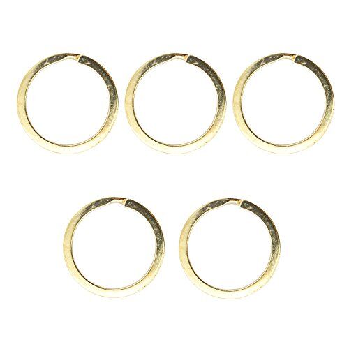 Five brass tone metal keyrings displayed together.