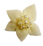 Close-up of cream wedding flower trim with pearl embellishments.