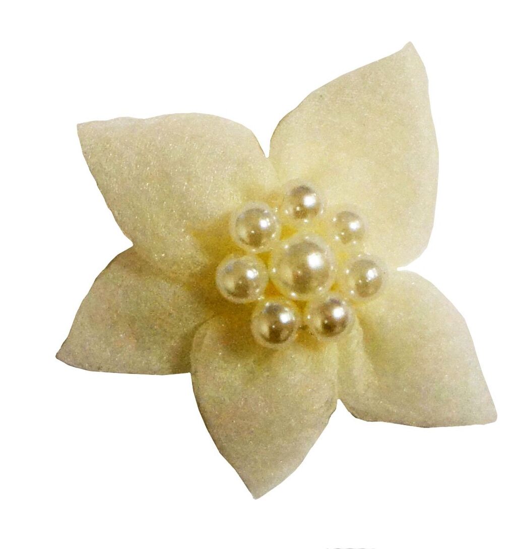 Close-up of cream wedding flower trim with pearl embellishments.