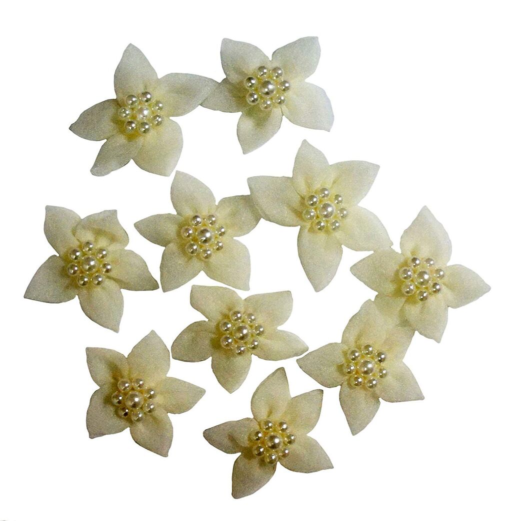 Pack of 10 decorative cream flowers with pearls for crafts.