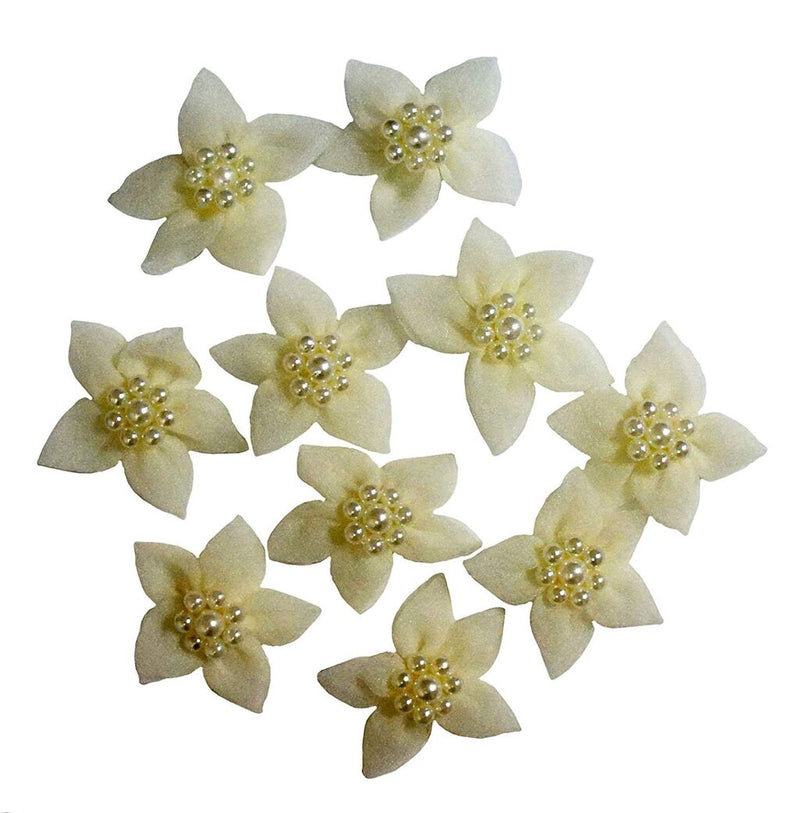 Pack of 10 decorative cream flowers with pearls for crafts.