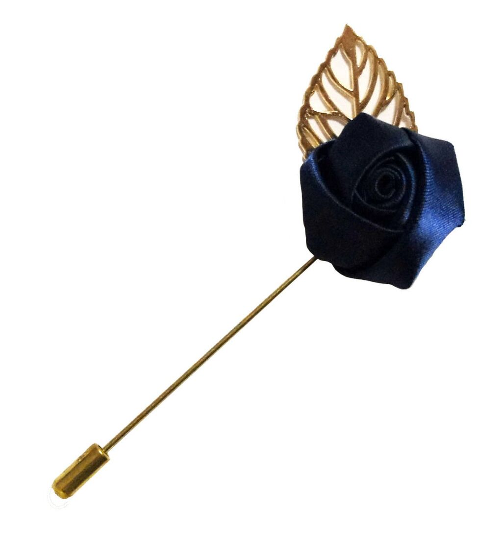 BRP01 Unisex Dark Blue Rose with Gold Leaf Lapel Pin, Scarf, Hat, Collar, Coat Stick Brooch Pin - Pack of 5
