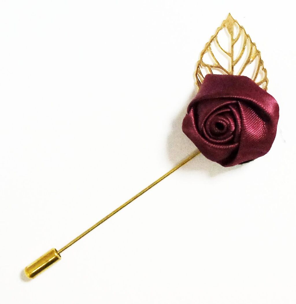RRP02 Unisex Burgundy Rose with Gold Leaf Lapel Pin, Scarf, Hat, Collar, Coat Stick Brooch Pin - Pack of 5