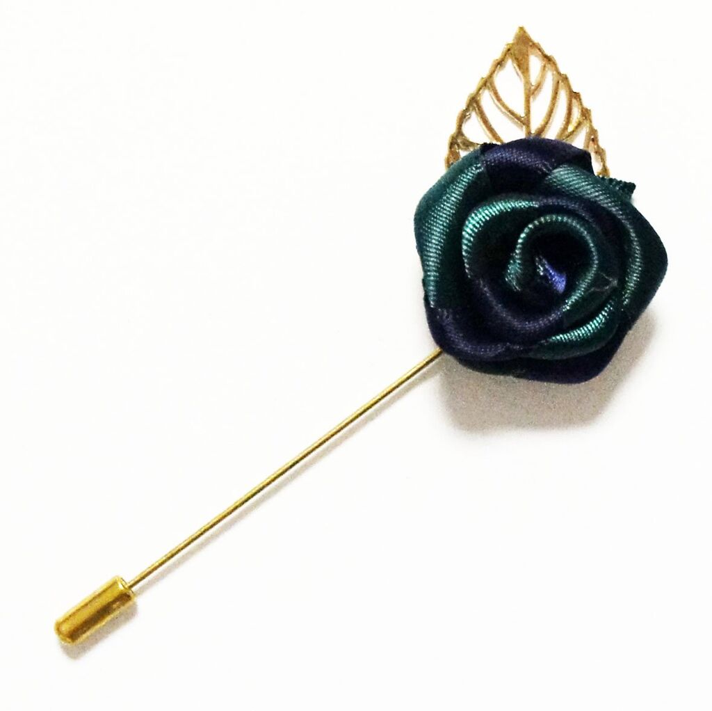 GBRP03 Unisex Dark Green and Blue Rose with Gold Leaf Lapel Pin, Scarf, Hat, Collar, Coat Stick Brooch Pin - Pack of 5