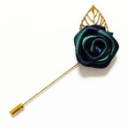 GBRP03 Unisex Dark Green and Blue Rose with Gold Leaf Lapel Pin, Scarf, Hat, Collar, Coat Stick Brooch Pin - Pack of 5