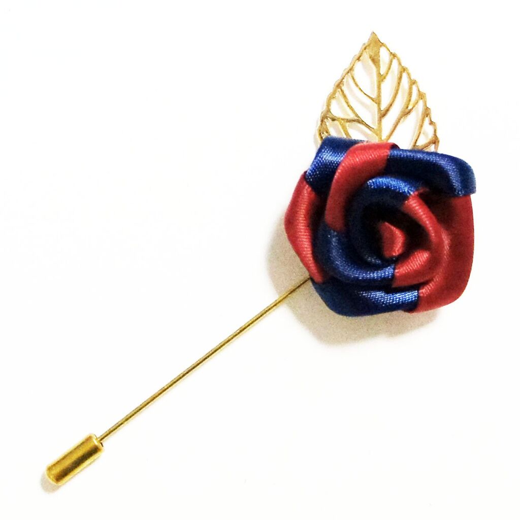RBRP04 Unisex Burgundy and Dark Blue Rose with Gold Leaf Lapel Pin, Scarf, Hat, Collar, Coat Stick Brooch Pin - Pack of 5
