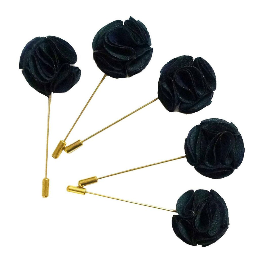 BGFP09 Unisex Dark Green and Navy Flower Lapel Pin, Scarf, Hat, Collar, Coat Stick Brooch Pin - Pack of 5