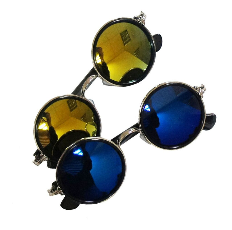 Two pairs of retro John Lennon style sunglasses with dark lenses.