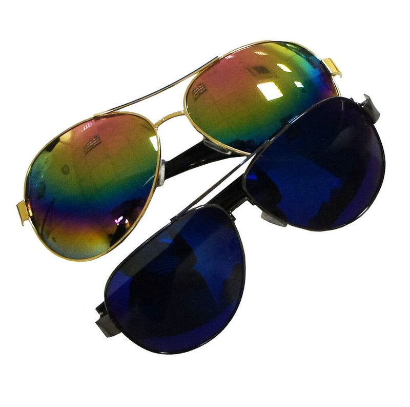 Pair of ladies pilot sunglasses with iridescent mirror lenses.