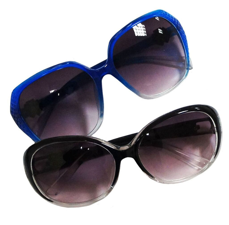 Two pairs of large ladies dark tinted sunglasses in assorted designs.