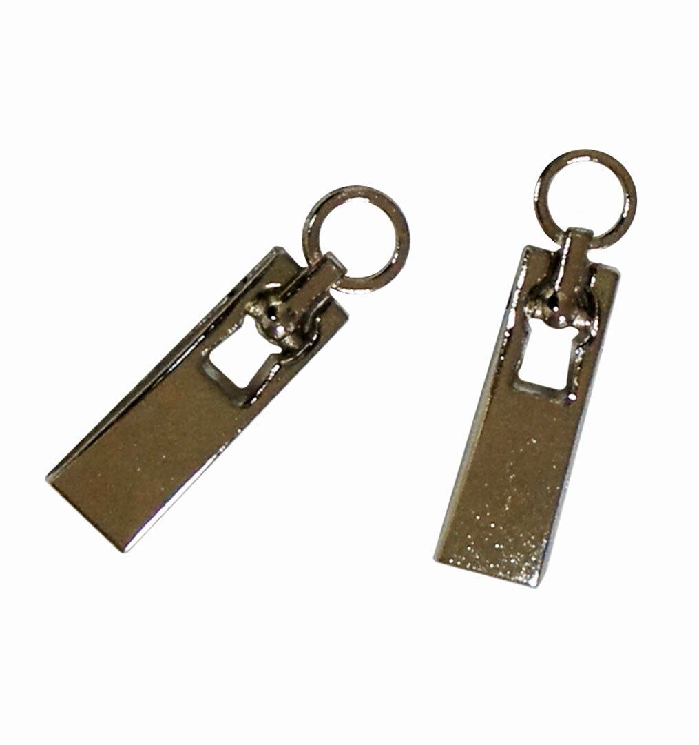 Pack of 10 small silver zip pulls with eyelets displayed