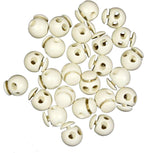 Close-up of white plastic round toggle spring cord locks showing double holes.