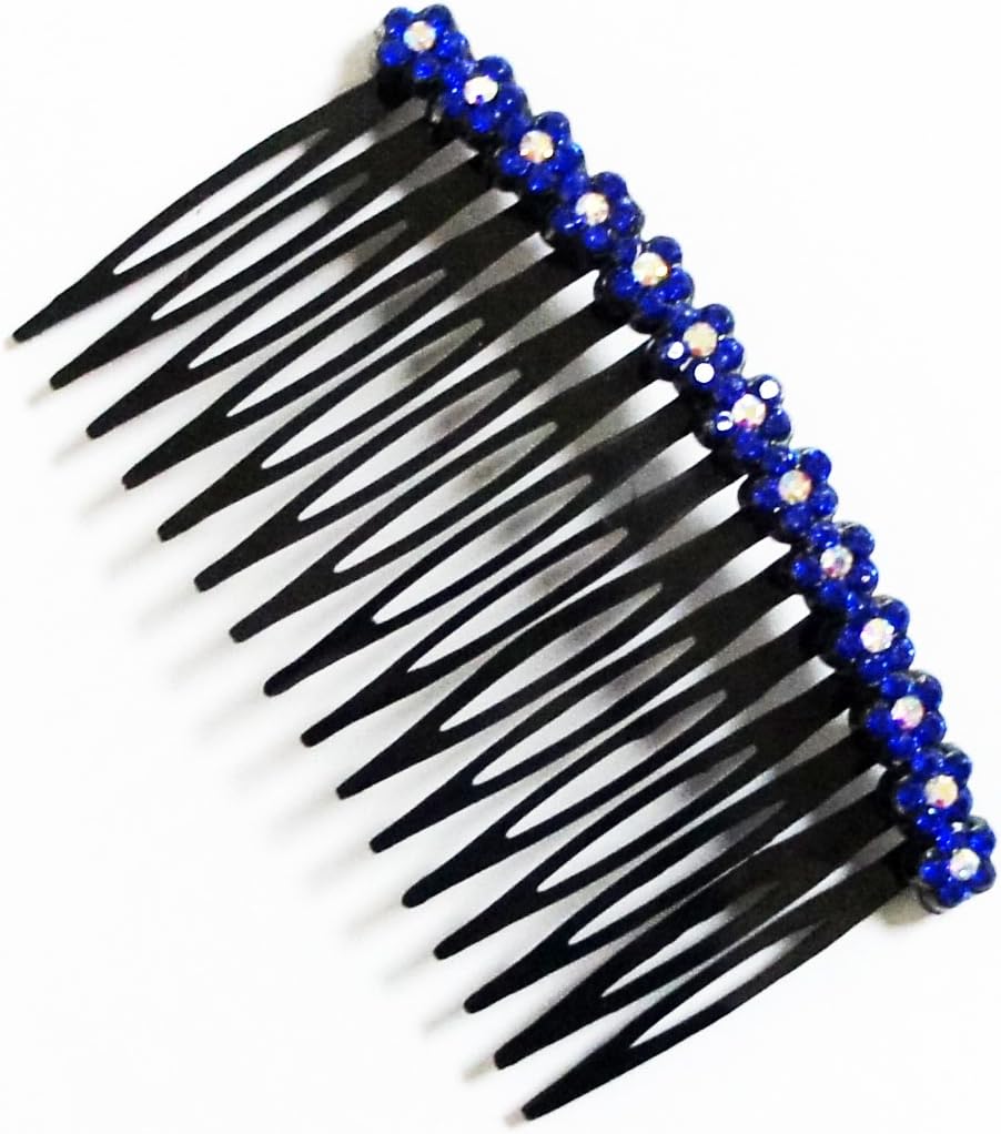 Close-up of a plastic hair slide comb featuring crystal rhinestones.