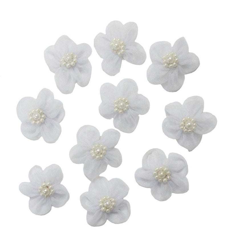 Pack of 10 white flower trims with pearl accents for crafts