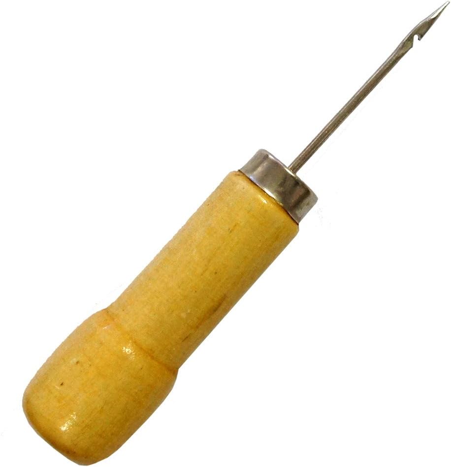 Close-up of a stitching awl showing its pointed tip and handle.