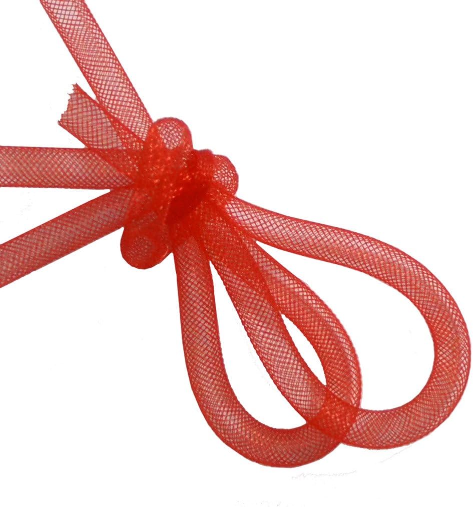Close-up of 8 mm diameter red crin elastic trim for millinery use.
