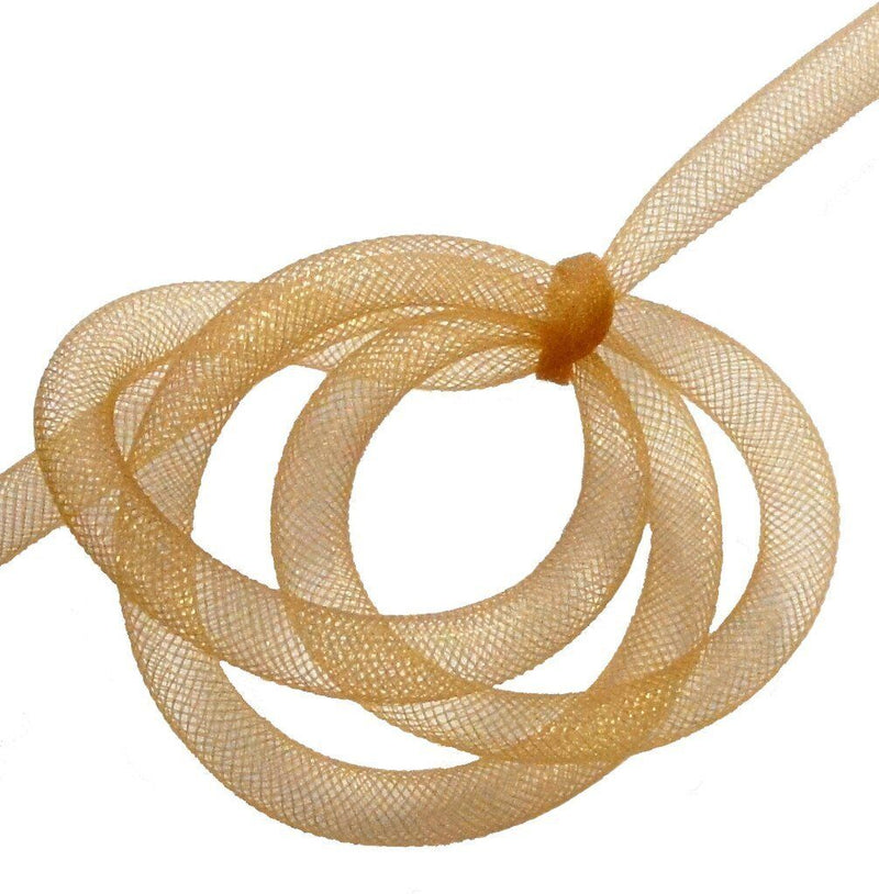 Light brown goldish tubular crin trim displayed on a roll.