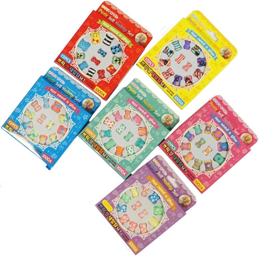 Close-up of colourful false nail tips suitable for pretend play.