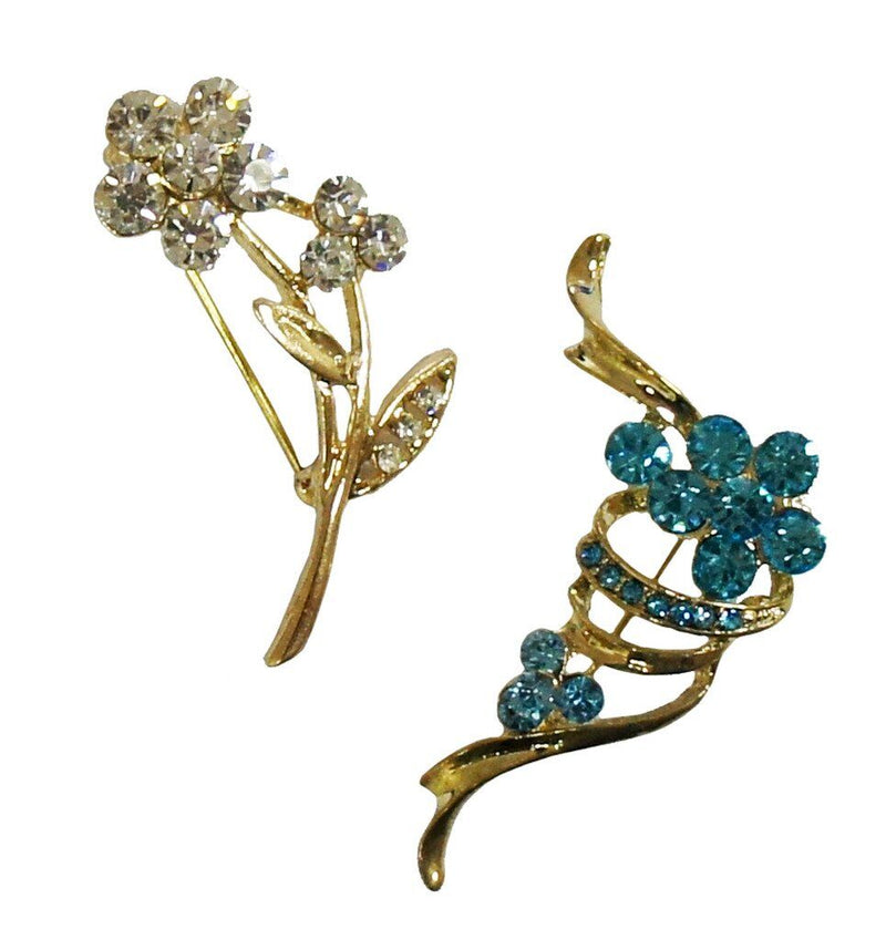 Two elegant gold tone gemstone flower brooches displayed together.