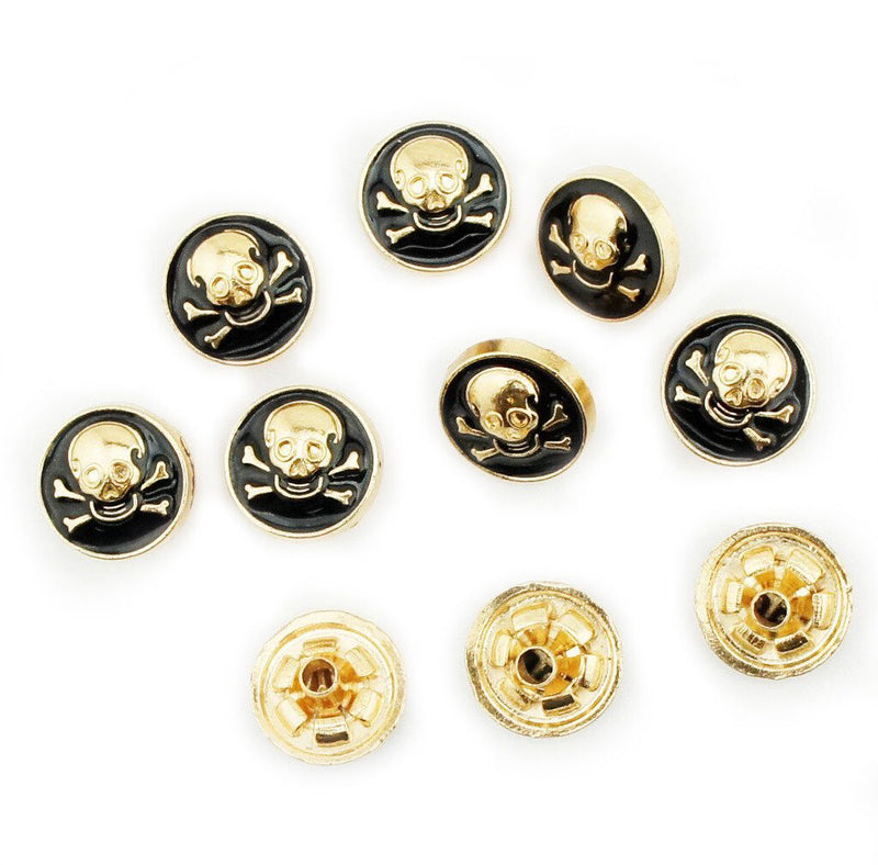 Pack of 10 decorative gold and black skull press studs