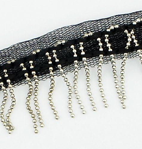 Close-up of the metal beaded fringe on black mesh ribbon.