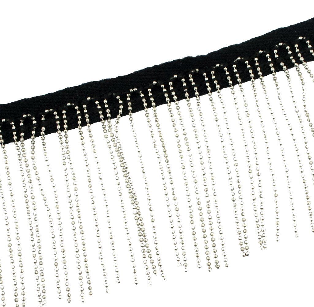 Metal beaded black cotton ribbon fringe trim, 70mm wide