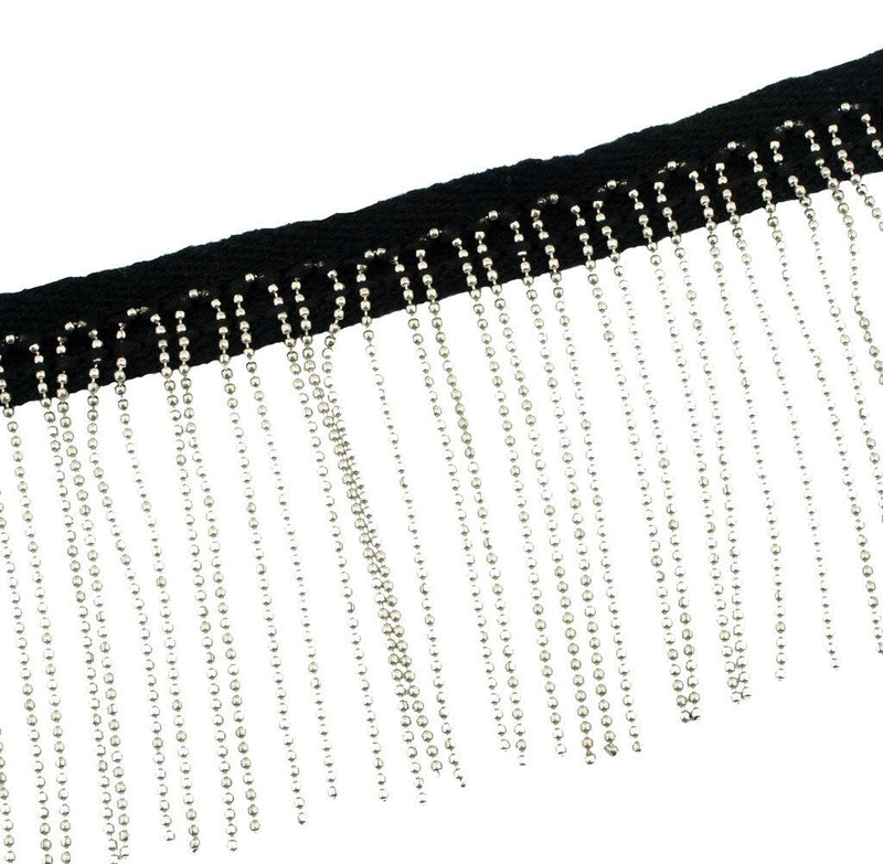 Metal beaded black cotton ribbon fringe trim, 70mm wide