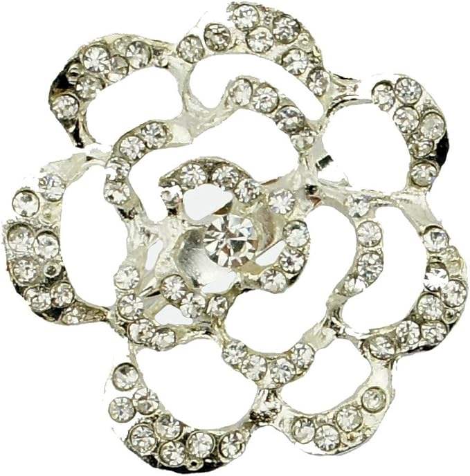Close-up of a clear crystal silver tone rose brooch highlighting its intricate design.