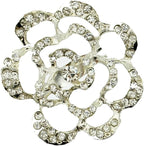 Close-up of a clear crystal silver tone rose brooch highlighting its intricate design.