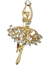 Two elegant ballerina-shaped brooches in gold tone and crystal.
