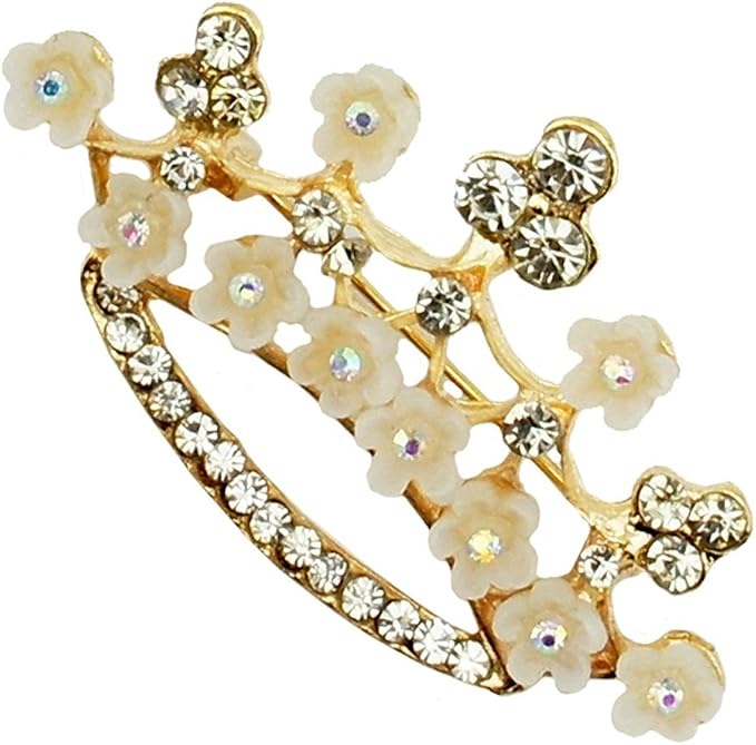Two elegant rhinestone crown brooches displayed together