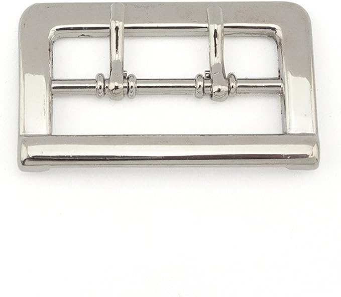 Close-up of a silver rectangular double lock belt buckle showing detail.