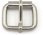 Close-up of a silver metal single lock belt buckle showing detail.