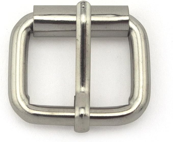 Close-up of a silver metal single lock belt buckle showing detail.