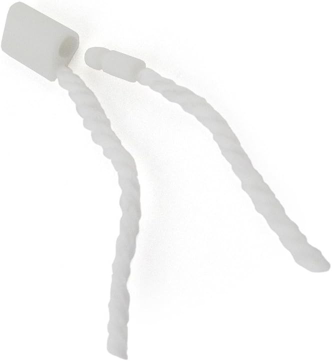 Close-up of the round snap lock on the white hang tags