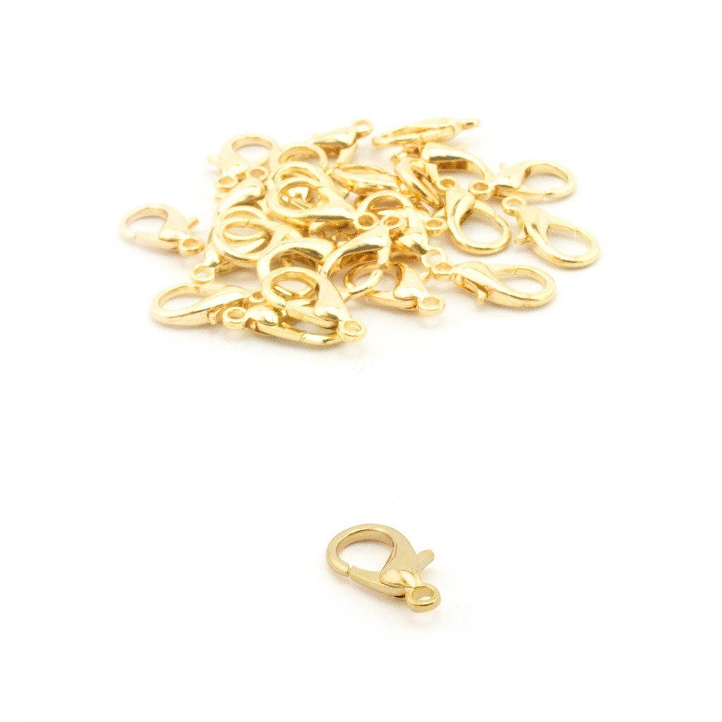 Pack of small gold colour lobster clasps for jewellery making.