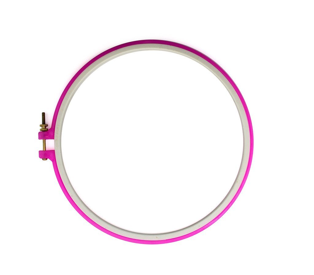 Embroidery hoop holding fabric for cross stitch project
