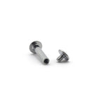 Close-up of silver tone binding screw in stud with dimensions