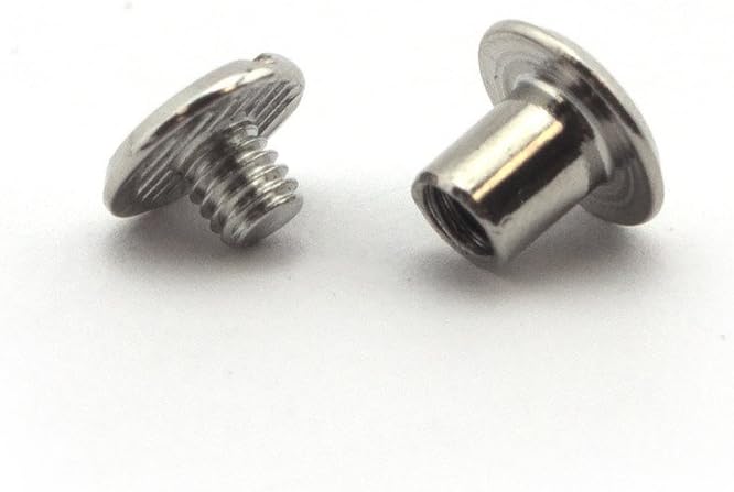 Close-up of silver tone round flat binding screw in studs