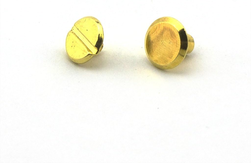 Close-up of a gold screw in stud showing details.