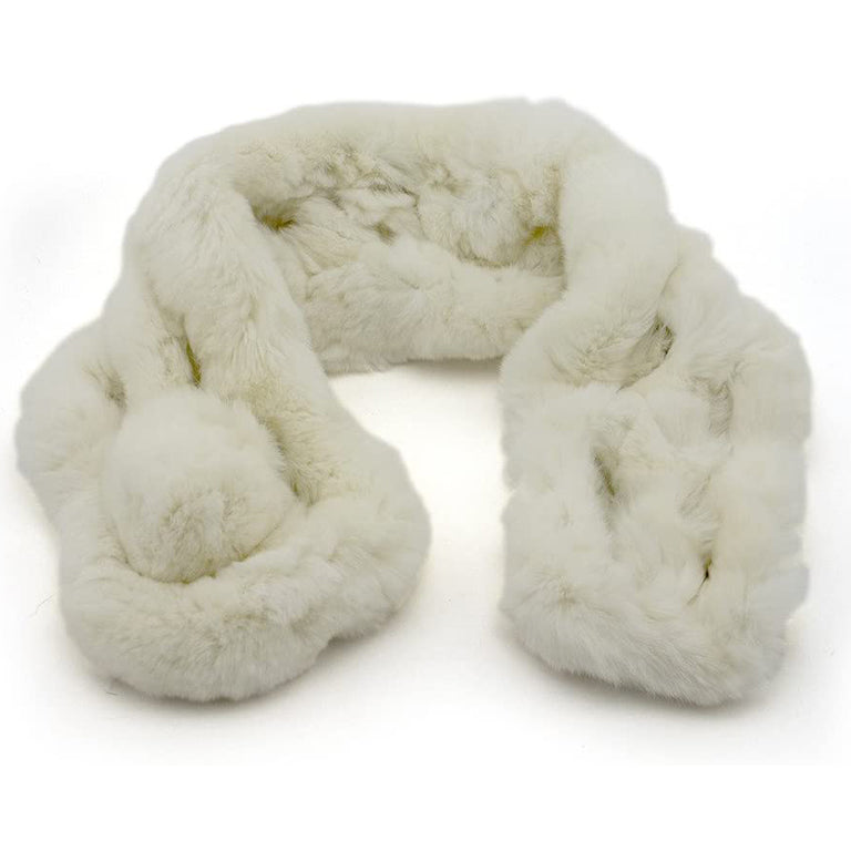 Close-up of the luxurious soft texture of the rabbit fur scarf.