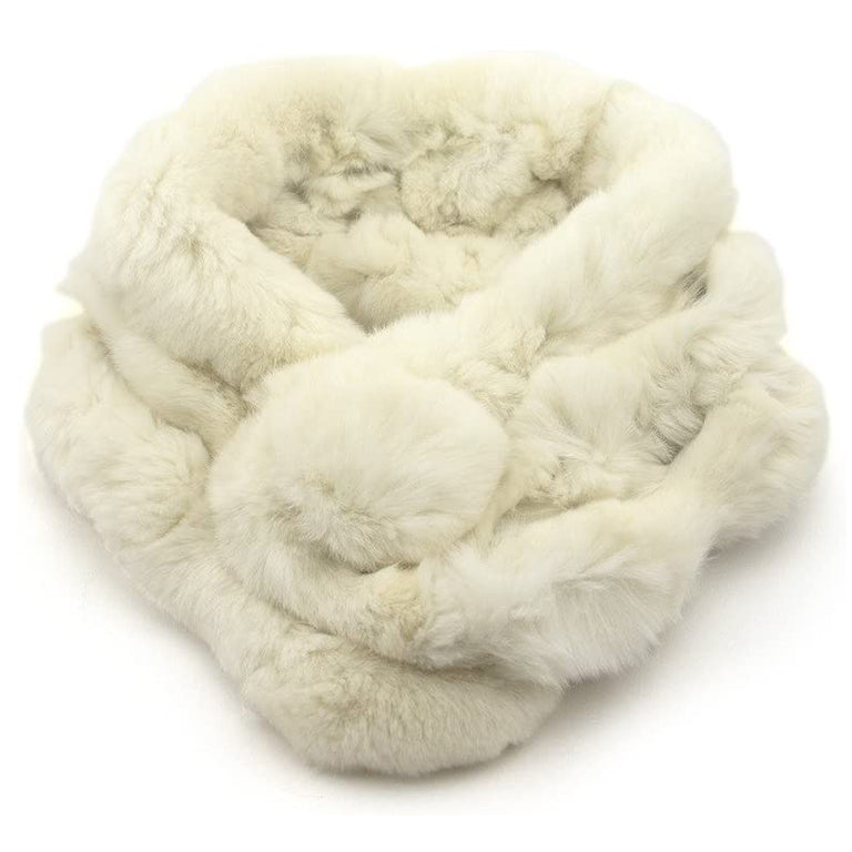 White real rabbit fur scarf with pompom fastening displayed on a mannequin.