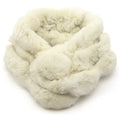 White real rabbit fur scarf with pompom fastening displayed on a mannequin.