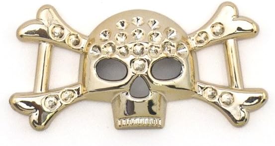Skull and crossbones embellishments displayed on fabric.